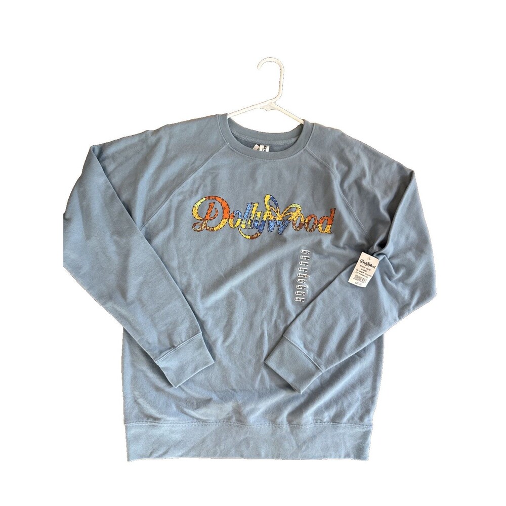Dolly Parton Coat Of Many Colors Large Sweatshirt Dollywood Misty Blue NEW NWT